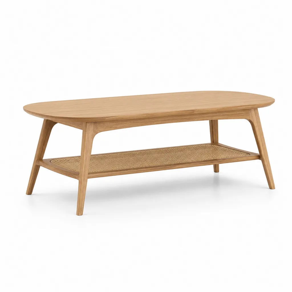 Table basse ovale en chene massif avec etagere en cannage 120 x 60 x 45 cm chene clair
