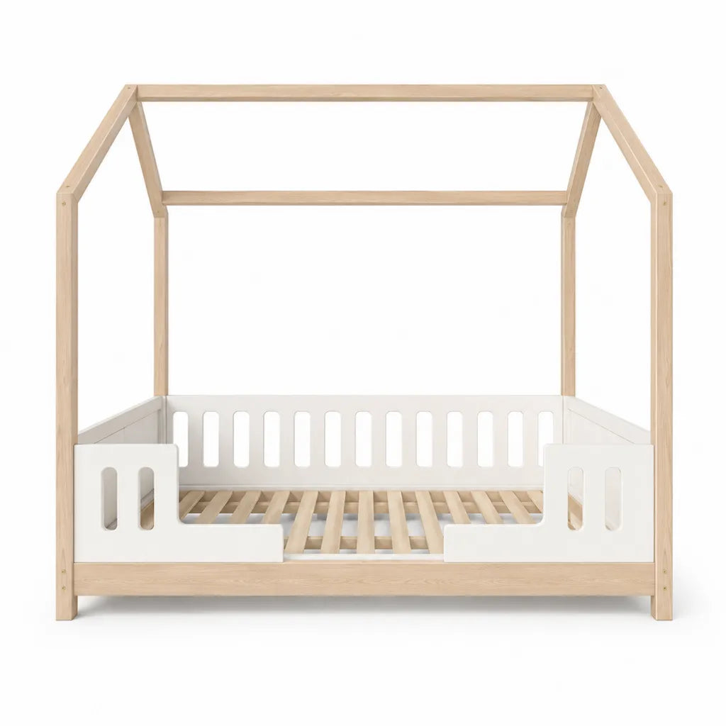 Lit cabane enfant 70 x 140 cm en pin massif blanc et naturel avec barrieres de securite