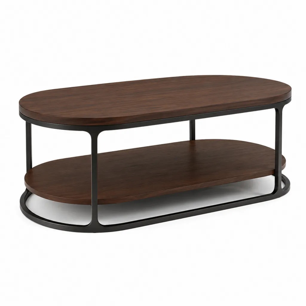 Table basse ovale 120 x 60 x 45 cm avec etagere en MDF plaque noyer brun et acier noir