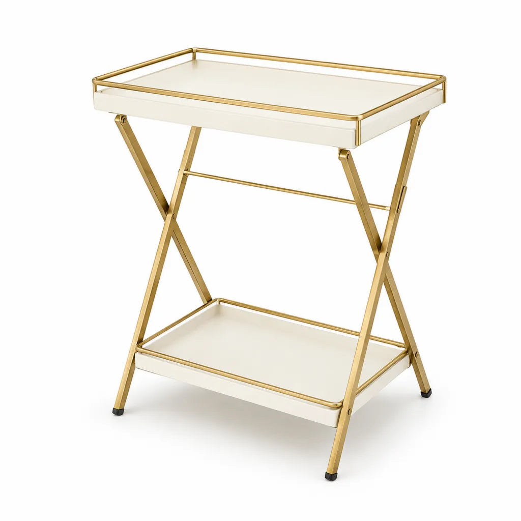 Table d'appoint pliante rectangulaire 60 x 40 x 70 cm en acier et panneaux MDF blanc et dore