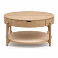Table basse ronde avec tiroir et etagere en chene clair O 80 x H 45 cm