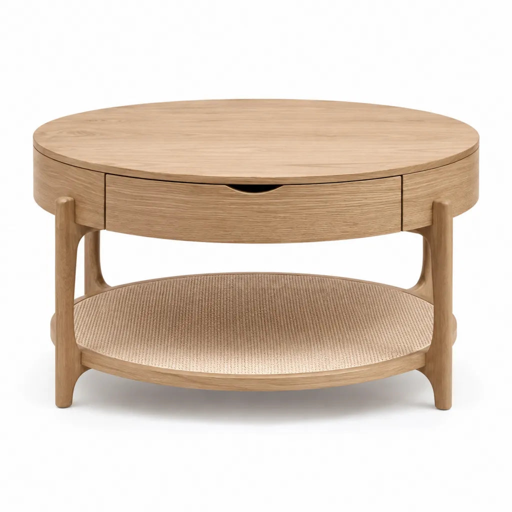 Table basse ronde avec tiroir et etagere en chene clair O 80 x H 45 cm