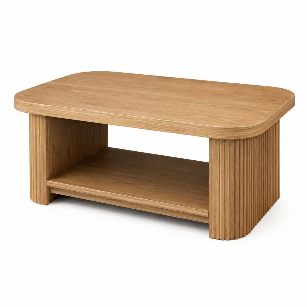 Table basse rectangulaire 100 x 60 x 45 cm en MDF plaque chene avec etagere finition chene clair