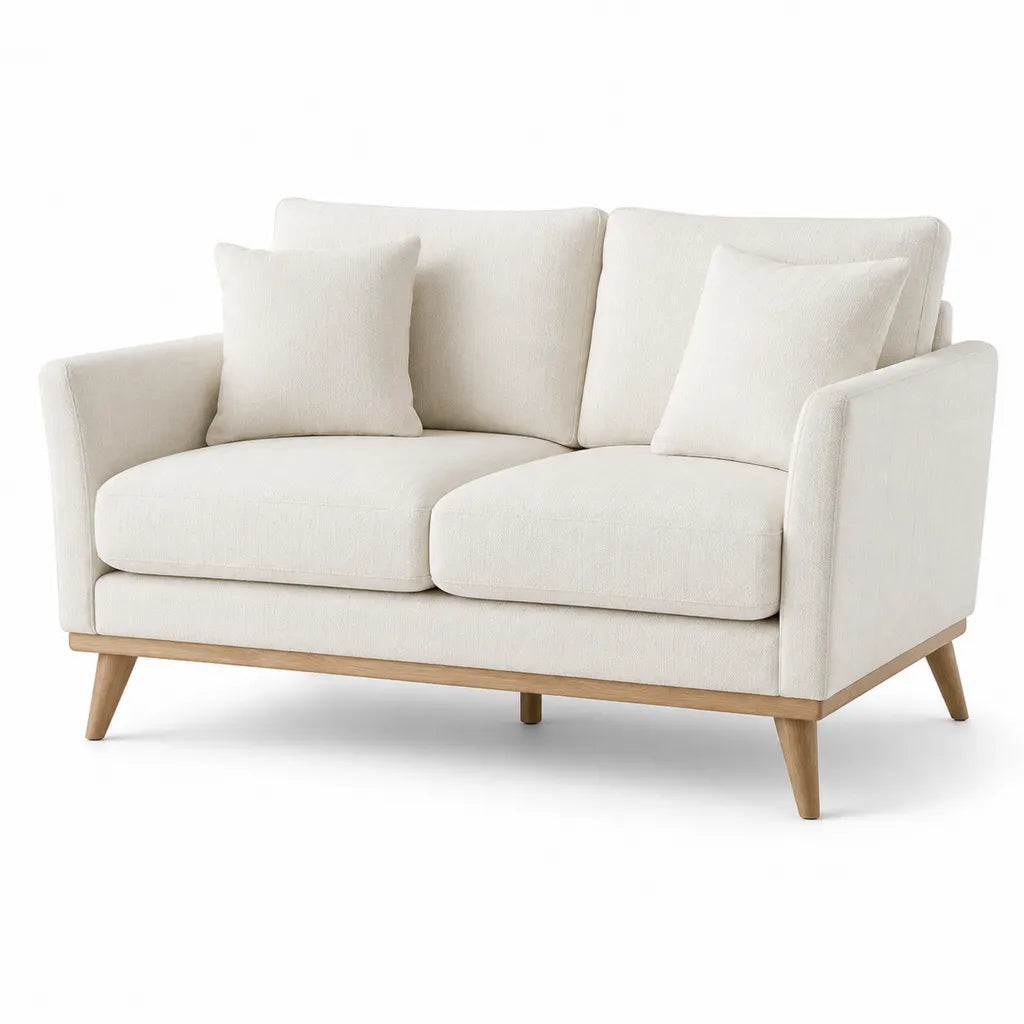 Canape 2 places droit 160 x 86 x 84 cm en polyester et hevea massif creme