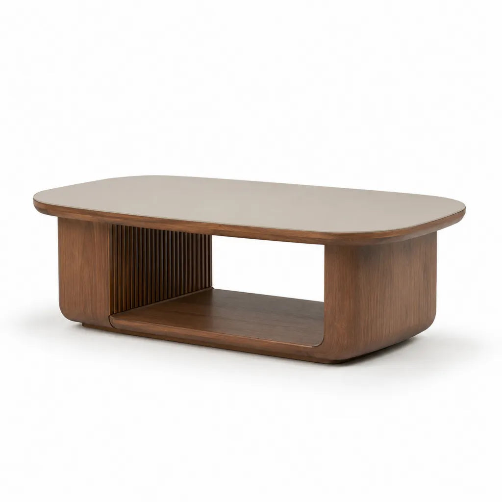 Table basse ovale 120 x 60 x 42 cm en panneaux MDF plaques noyer avec plateau en ceramique gris beige