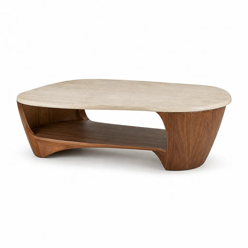 Table basse ovale avec rangement 120 x 60 x 40 cm plateau en marbre beige structure plaquee noyer