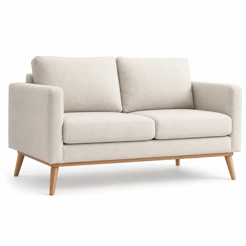 Canape droit 2 places en polyester beige avec pieds en pin massif 145 x 84 x 82 cm