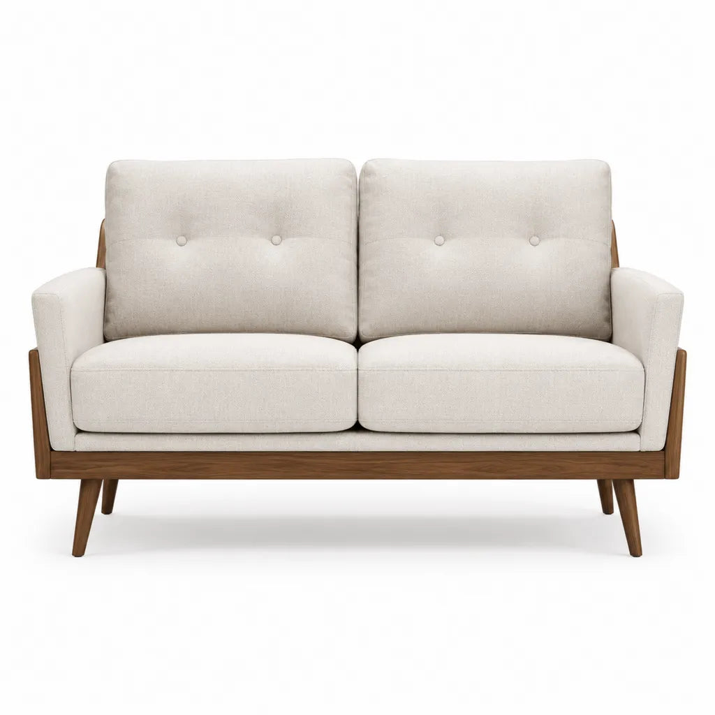 Canape 2 places droit 130 x 78 x 82 cm en polyester beige avec structure en hevea massif