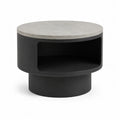 Table basse ronde avec rangement 80 x 45 cm plateau en pierre frittee gris structure MDF noir