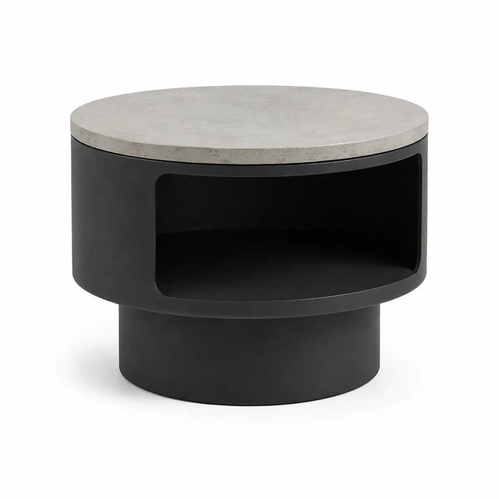 Table basse ronde avec rangement 80 x 45 cm plateau en pierre frittee gris structure MDF noir