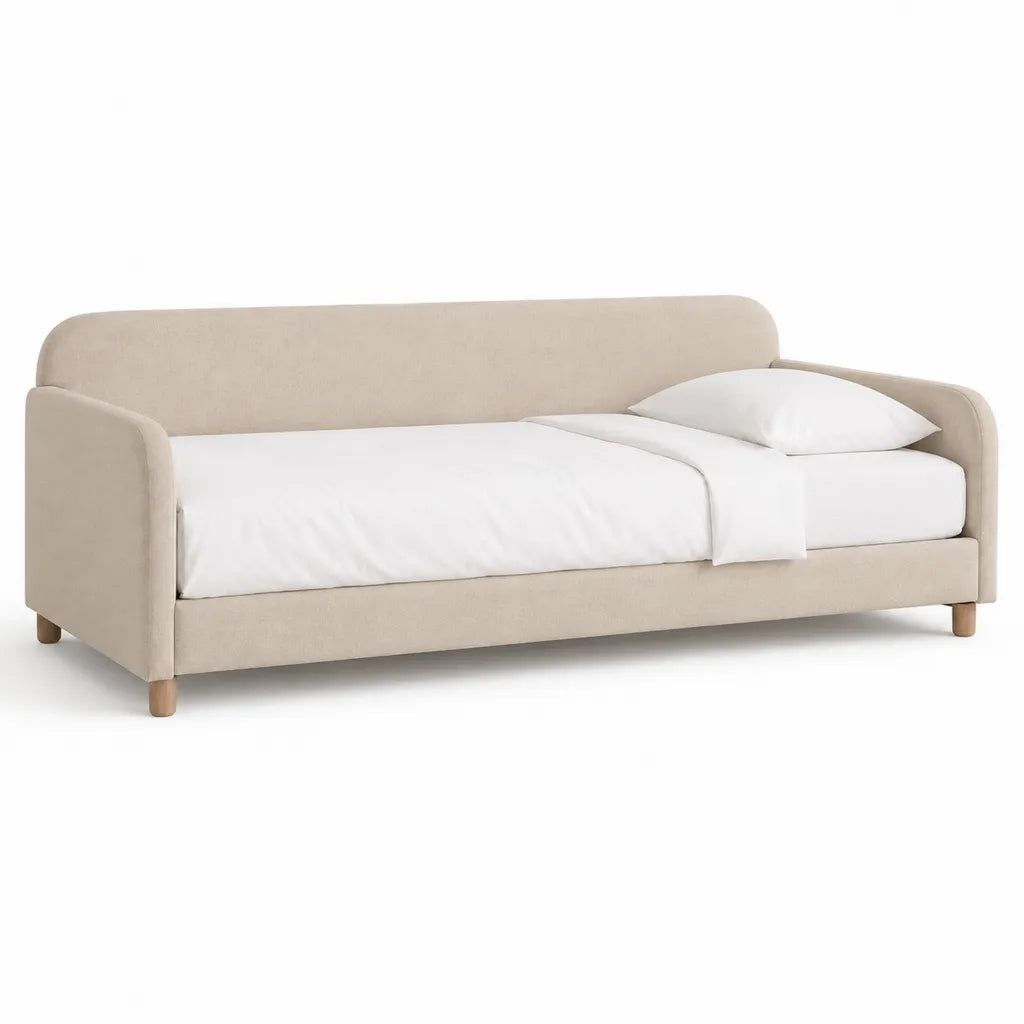 Lit banquette 1 place 90 x 190 cm en polyester beige avec pieds en hevea massif
