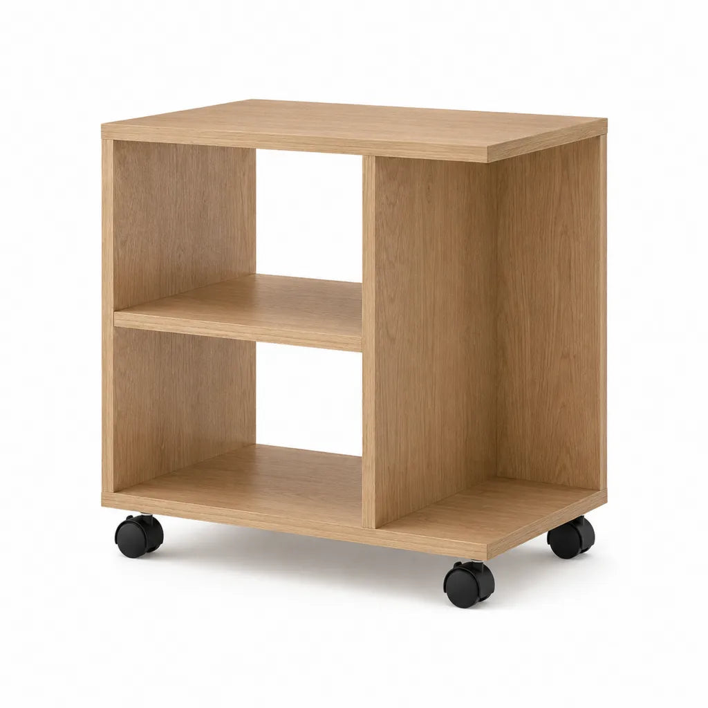 Table d'appoint a roulettes rectangulaire 50 x 40 x 60 cm en panneau de particules melamine chene clair