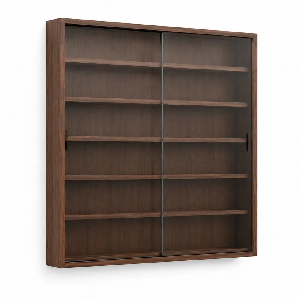 Vitrine murale rectangulaire 100 x 20 x 120 cm en panneaux MDF plaques noyer brun avec 2 portes coulissantes en verre