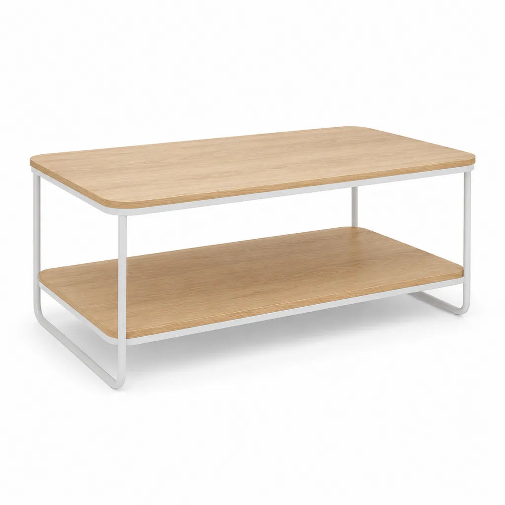 Table basse rectangulaire 100 x 50 x 45 cm avec etagere en panneaux MDF decor chene et acier blanc