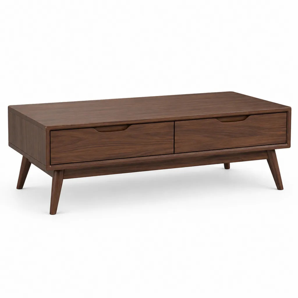 Table basse rectangulaire avec 2 tiroirs en MDF decor noyer marron 120 x 60 x 45 cm