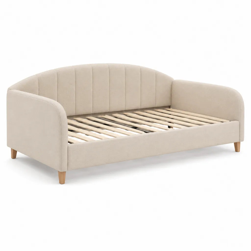 Lit banquette 1 place 90 x 190 cm en polyester beige avec sommier a lattes et pieds en hevea massif