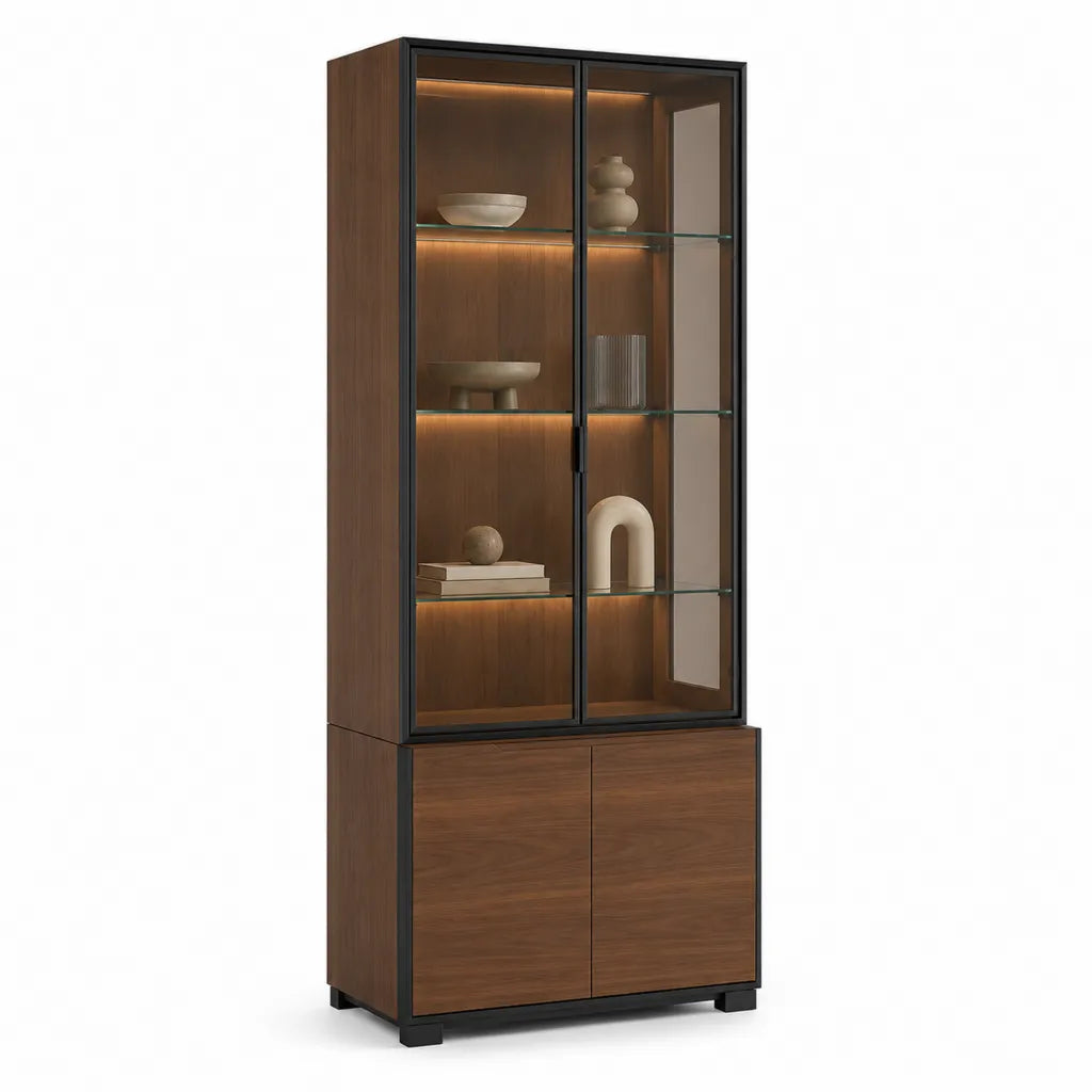 Vitrine rectangulaire 4 portes en MDF decor noyer verre trempe et acier noir 90 x 40 x 190 cm
